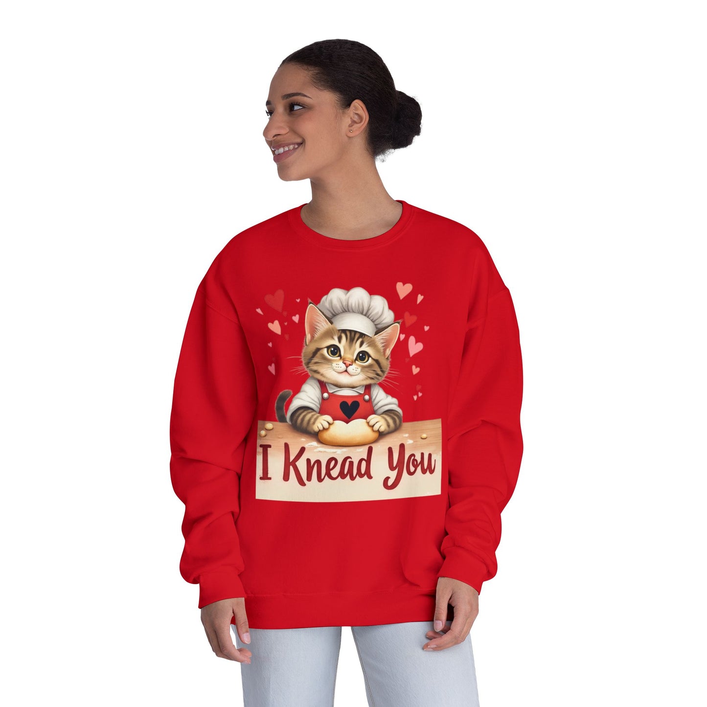 I Knead You - Cute Cat Baker Valentine's, Galentine's Day, Unisex Lightweight Crewneck Sweatshirt