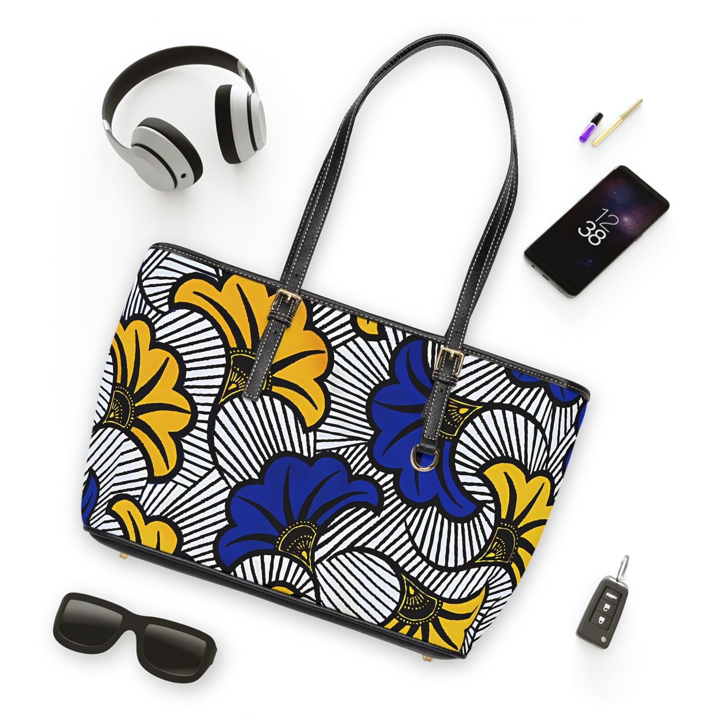 Ankara Print PU Leather Shoulder Bag, Vibrant Floral Tote, Chic Purse, Gift for Her, Summer Accessory