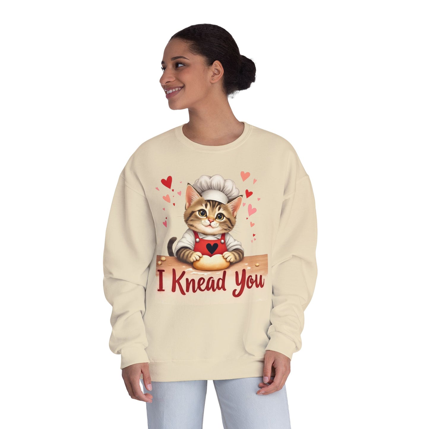 I Knead You - Cute Cat Baker Valentine's, Galentine's Day, Unisex Lightweight Crewneck Sweatshirt