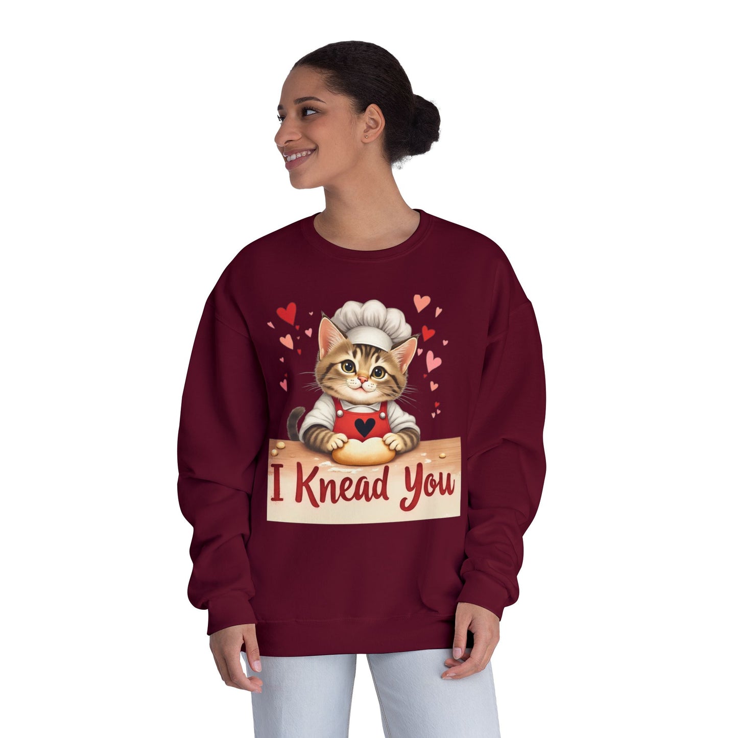 I Knead You - Cute Cat Baker Valentine's, Galentine's Day, Unisex Lightweight Crewneck Sweatshirt