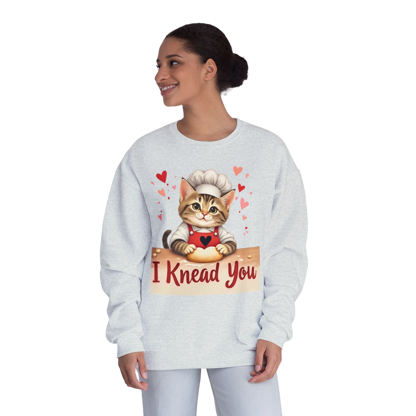 I Knead You - Cute Cat Baker Valentine's, Galentine's Day, Unisex Lightweight Crewneck Sweatshirt