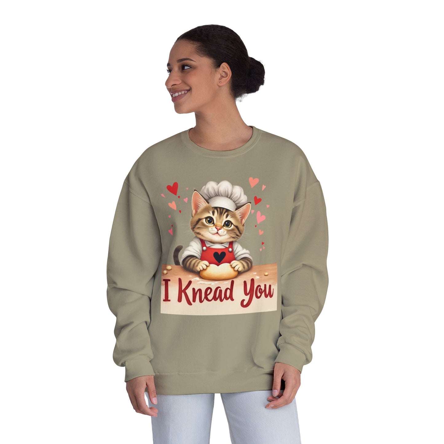 I Knead You - Cute Cat Baker Valentine's, Galentine's Day, Unisex Lightweight Crewneck Sweatshirt