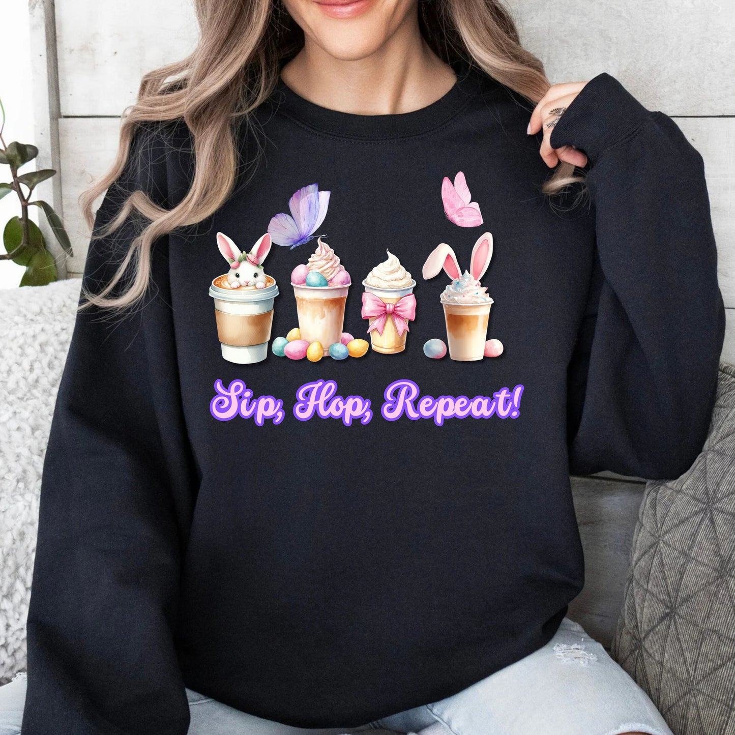 Easter Bunny Sweatshirt, Sip Hop Repeat Latte Crewneck, Spring Rabbit Jumper, Unisex Easter Gift, Cozy Bunny Pullover, Easter Egg Hunt