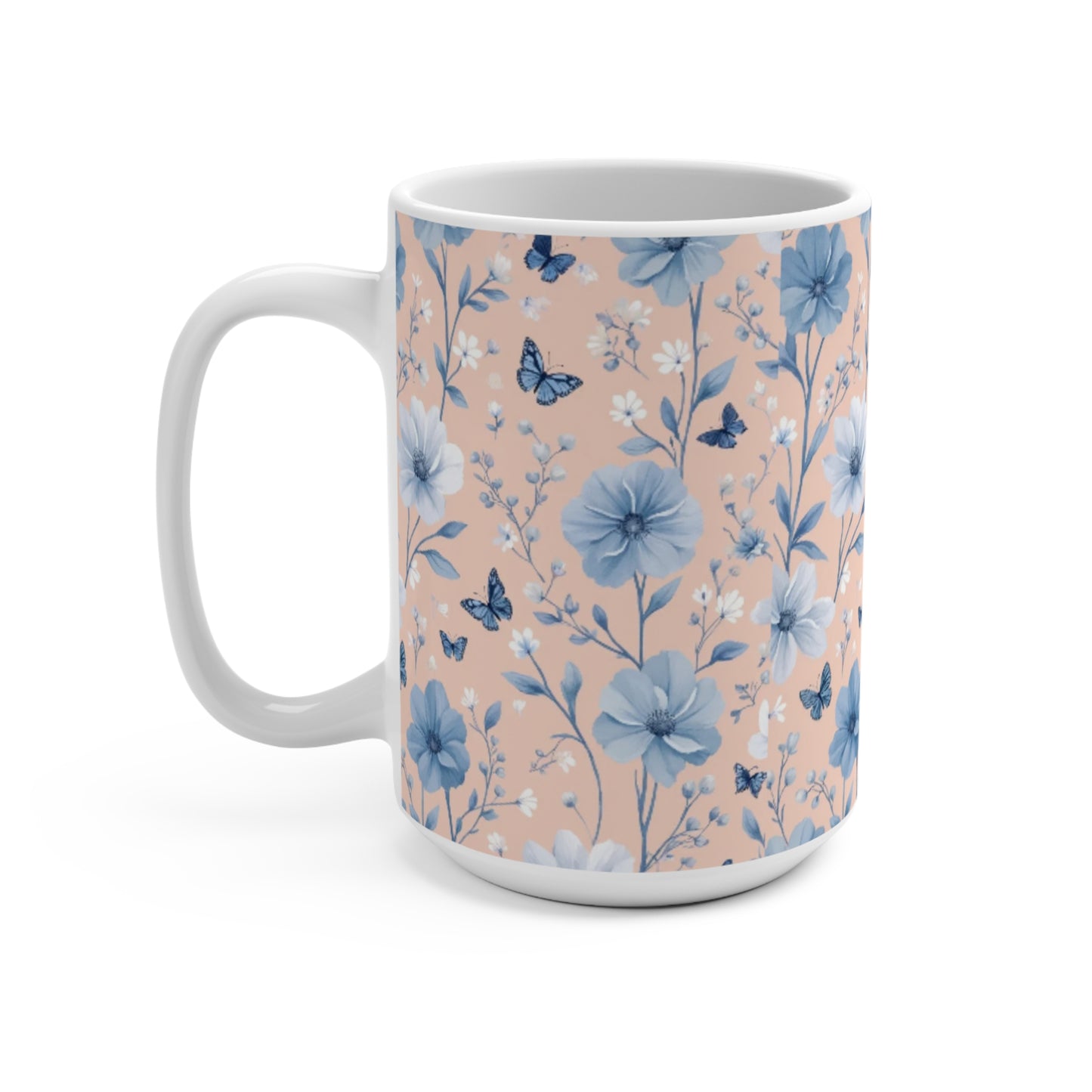 Pastel Floral Butterflies Mug, Spring Gift Coffee Cup, Muted Pink Blue Flower Tea Cup, Botanical Kitchen Decor, Cute Floral Mug