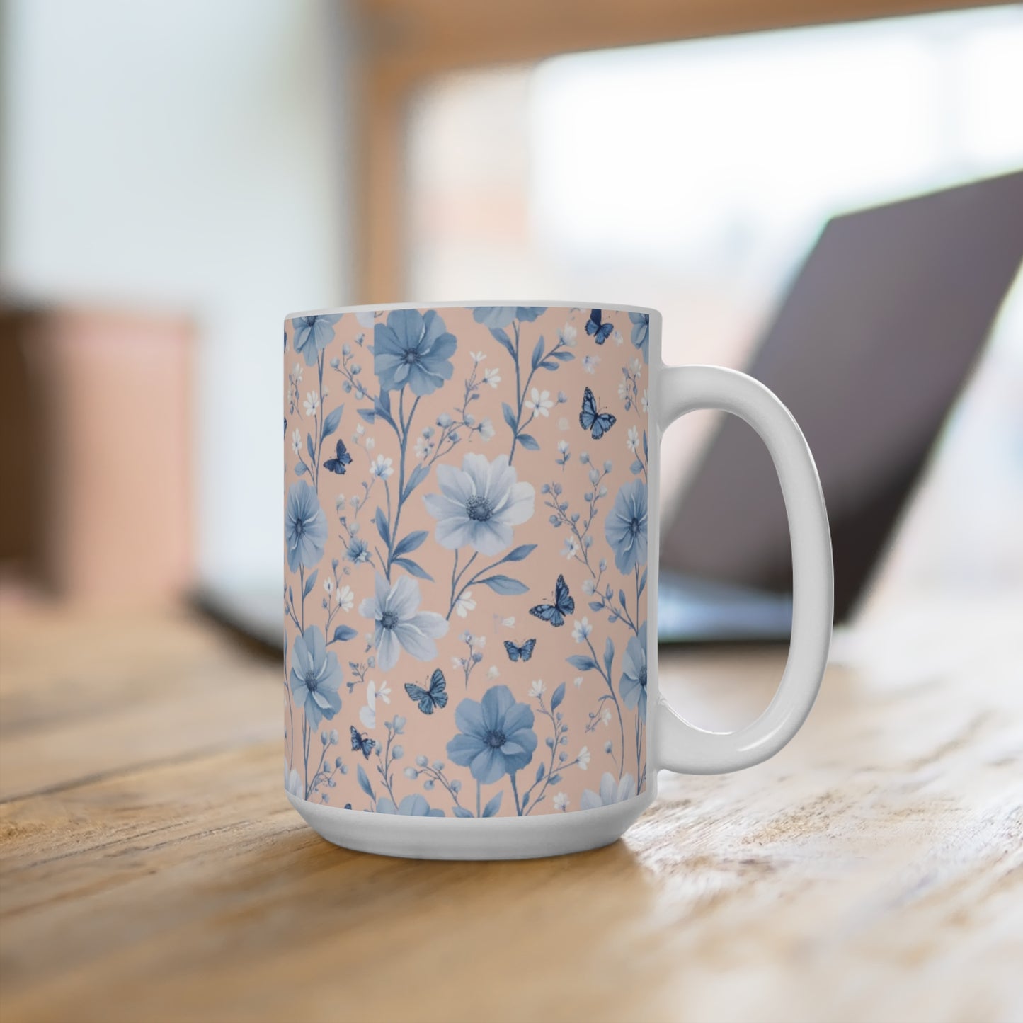 Pastel Floral Butterflies Mug, Spring Gift Coffee Cup, Muted Pink Blue Flower Tea Cup, Botanical Kitchen Decor, Cute Floral Mug