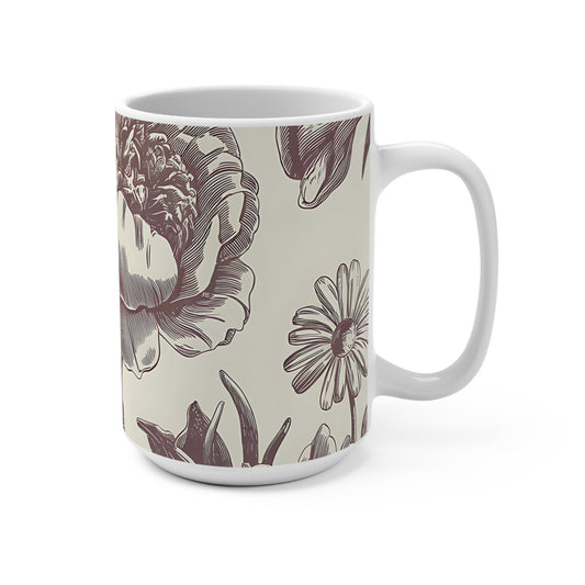 Botanical Art Mug, 15oz Floral Coffee Cup, Gift for Garden Lovers, Vintage Boho Flower Design, Tea Mug for Home Decor