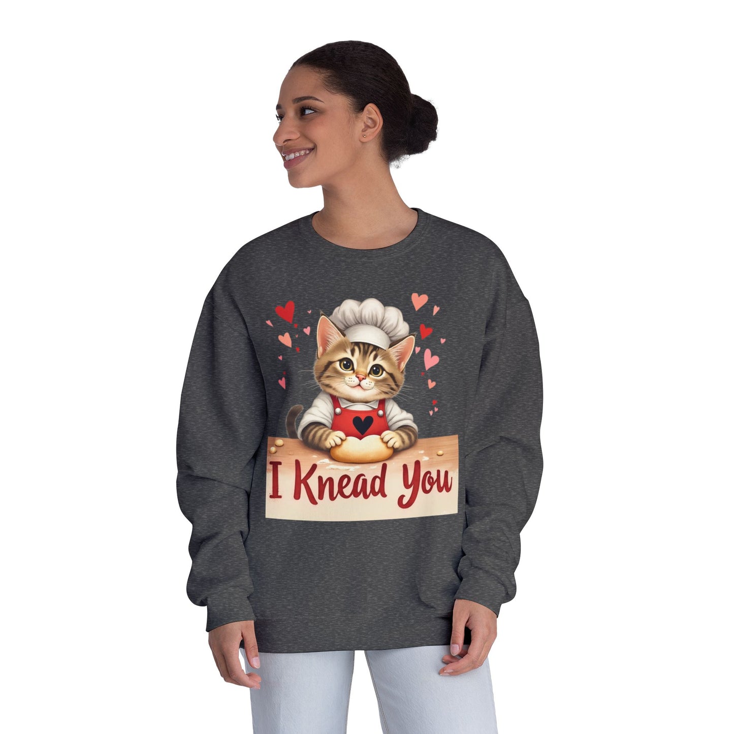 I Knead You - Cute Cat Baker Valentine's, Galentine's Day, Unisex Lightweight Crewneck Sweatshirt