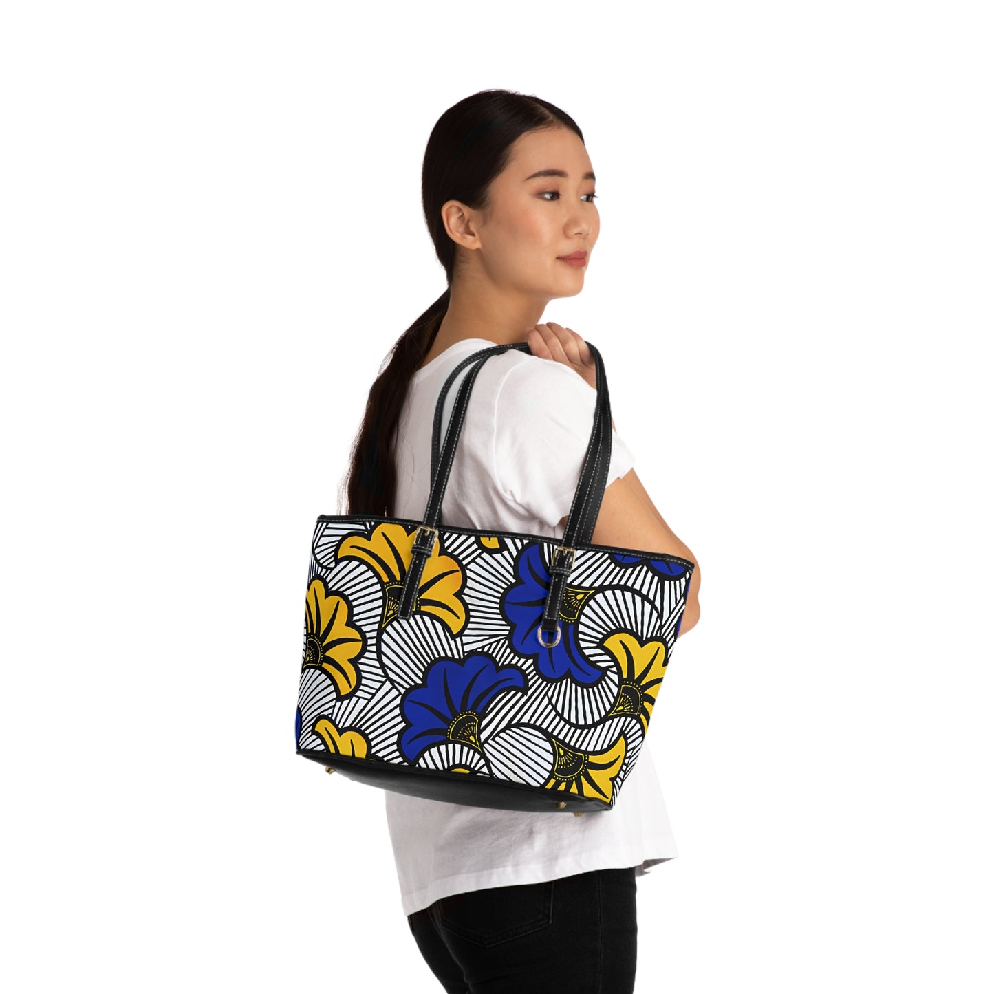 Ankara Print PU Leather Shoulder Bag, Vibrant Floral Tote, Chic Purse, Gift for Her, Summer Accessory