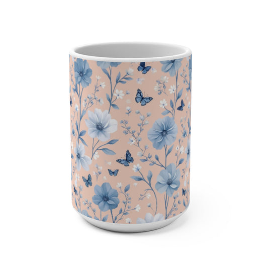 Pastel Floral Butterflies Mug, Spring Gift Coffee Cup, Muted Pink Blue Flower Tea Cup, Botanical Kitchen Decor, Cute Floral Mug