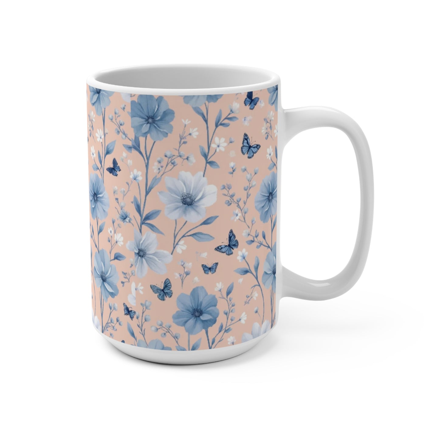 Pastel Floral Butterflies Mug, Spring Gift Coffee Cup, Muted Pink Blue Flower Tea Cup, Botanical Kitchen Decor, Cute Floral Mug