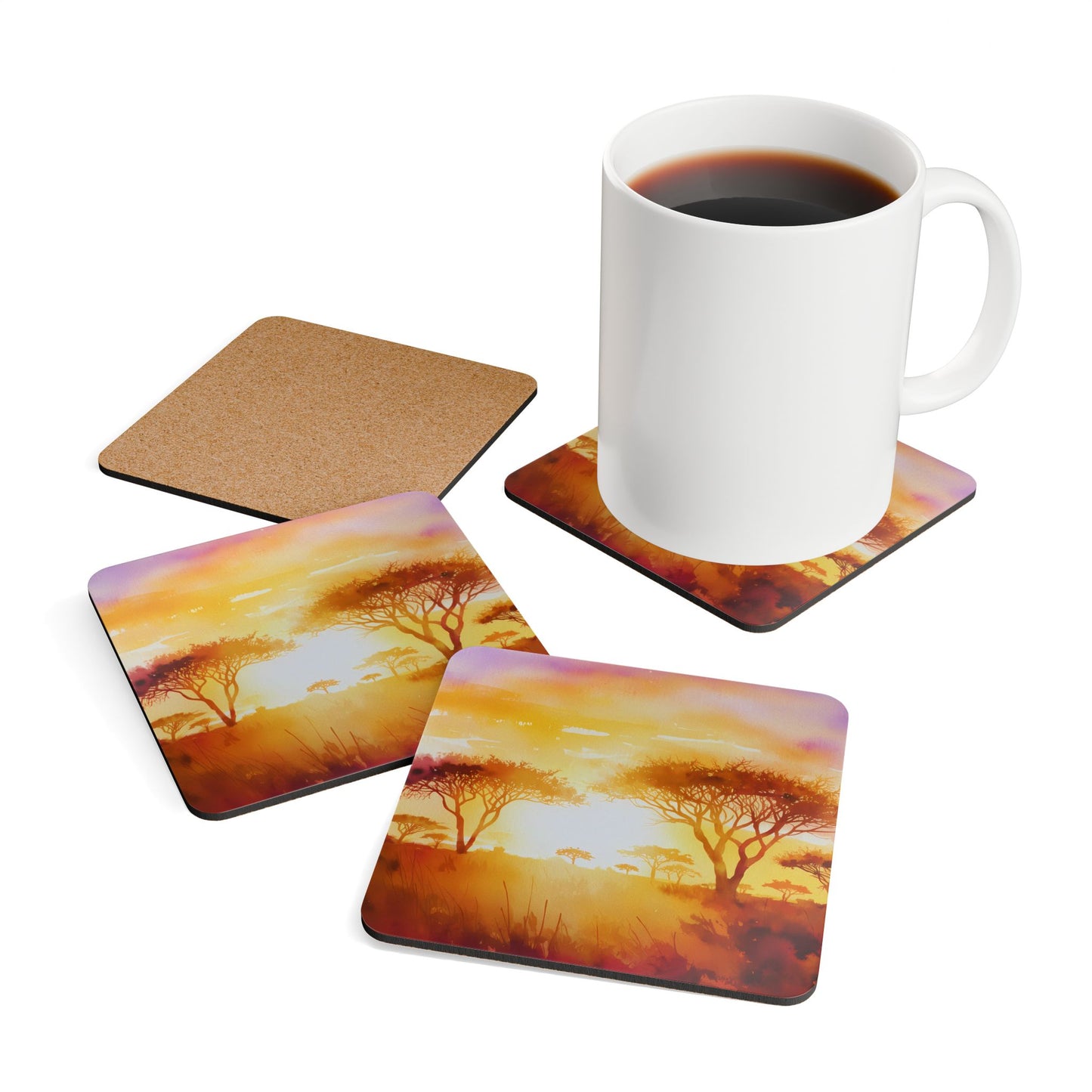 Artistic Corkwood Coaster Set, Nature Landscape Drink Coasters, Eco-Friendly Decor for Home, Housewarming Gift, African Sunset Design,