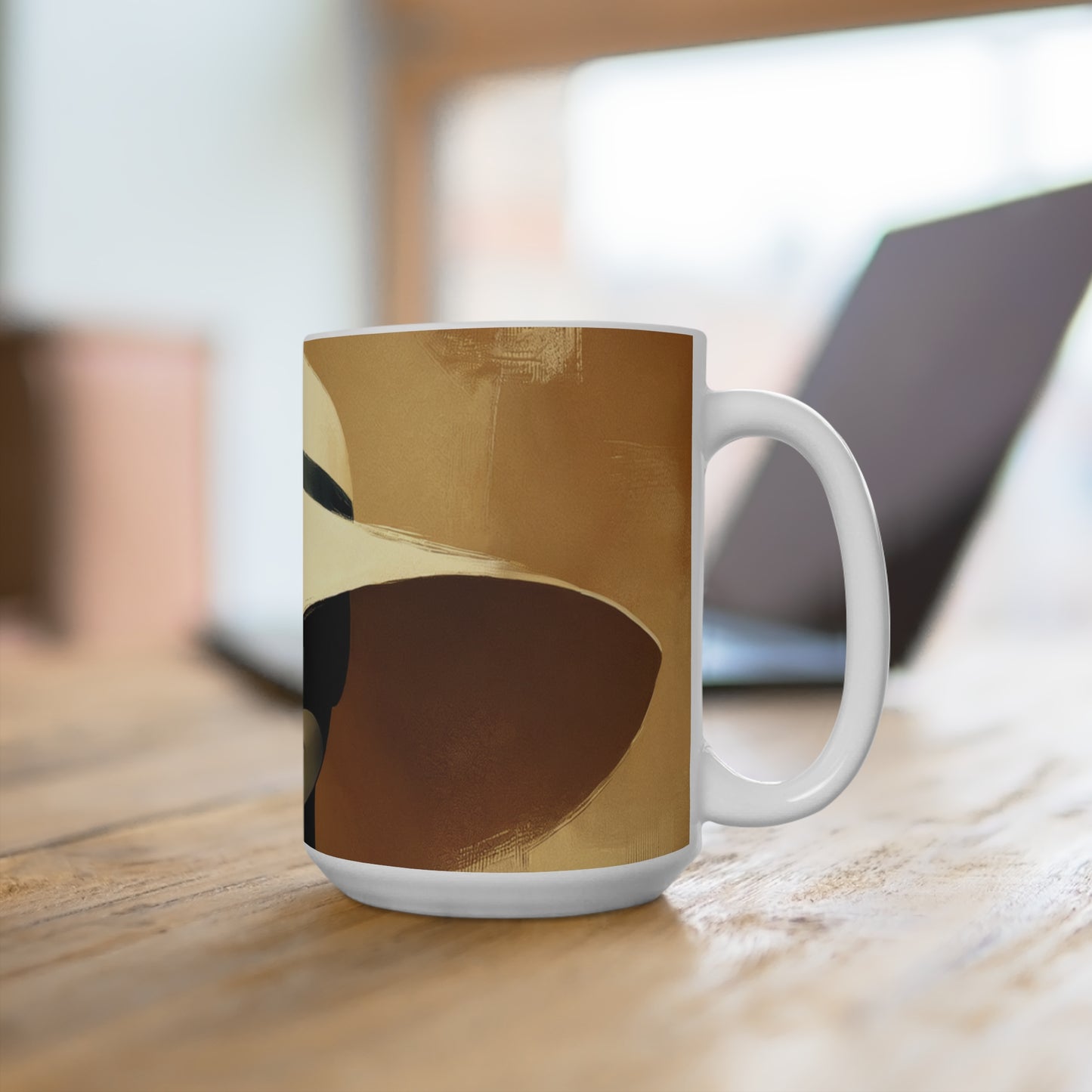 Elegant Minimalist, Wide-Brimmed Hat, Fine Art, Monochrome Prints, Unique Art Mug, Cultural Art, Mug 15oz