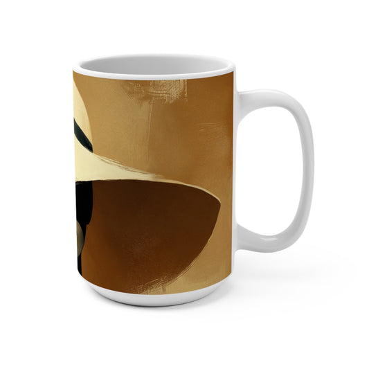 Elegant Minimalist, Wide-Brimmed Hat, Fine Art, Monochrome Prints, Unique Art Mug, Cultural Art, Mug 15oz