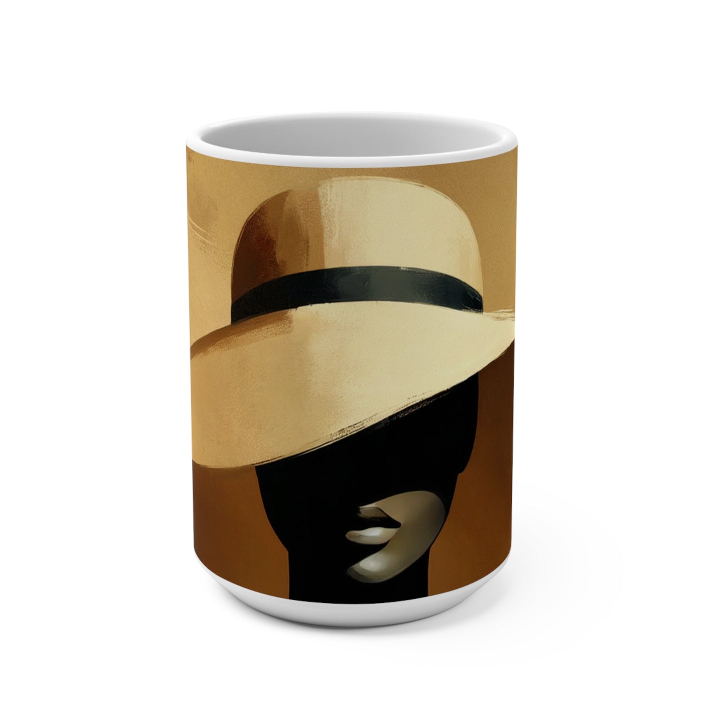 Elegant Minimalist, Wide-Brimmed Hat, Fine Art, Monochrome Prints, Unique Art Mug, Cultural Art, Mug 15oz
