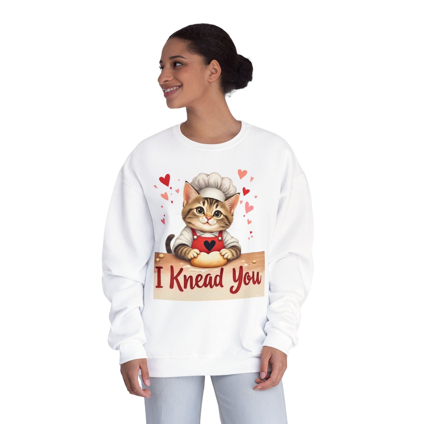 I Knead You - Cute Cat Baker Valentine's, Galentine's Day, Unisex Lightweight Crewneck Sweatshirt
