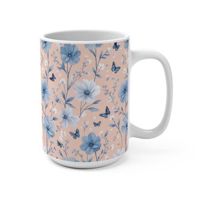 Pastel Floral Butterflies Mug, Spring Gift Coffee Cup, Muted Pink Blue Flower Tea Cup, Botanical Kitchen Decor, Cute Floral Mug